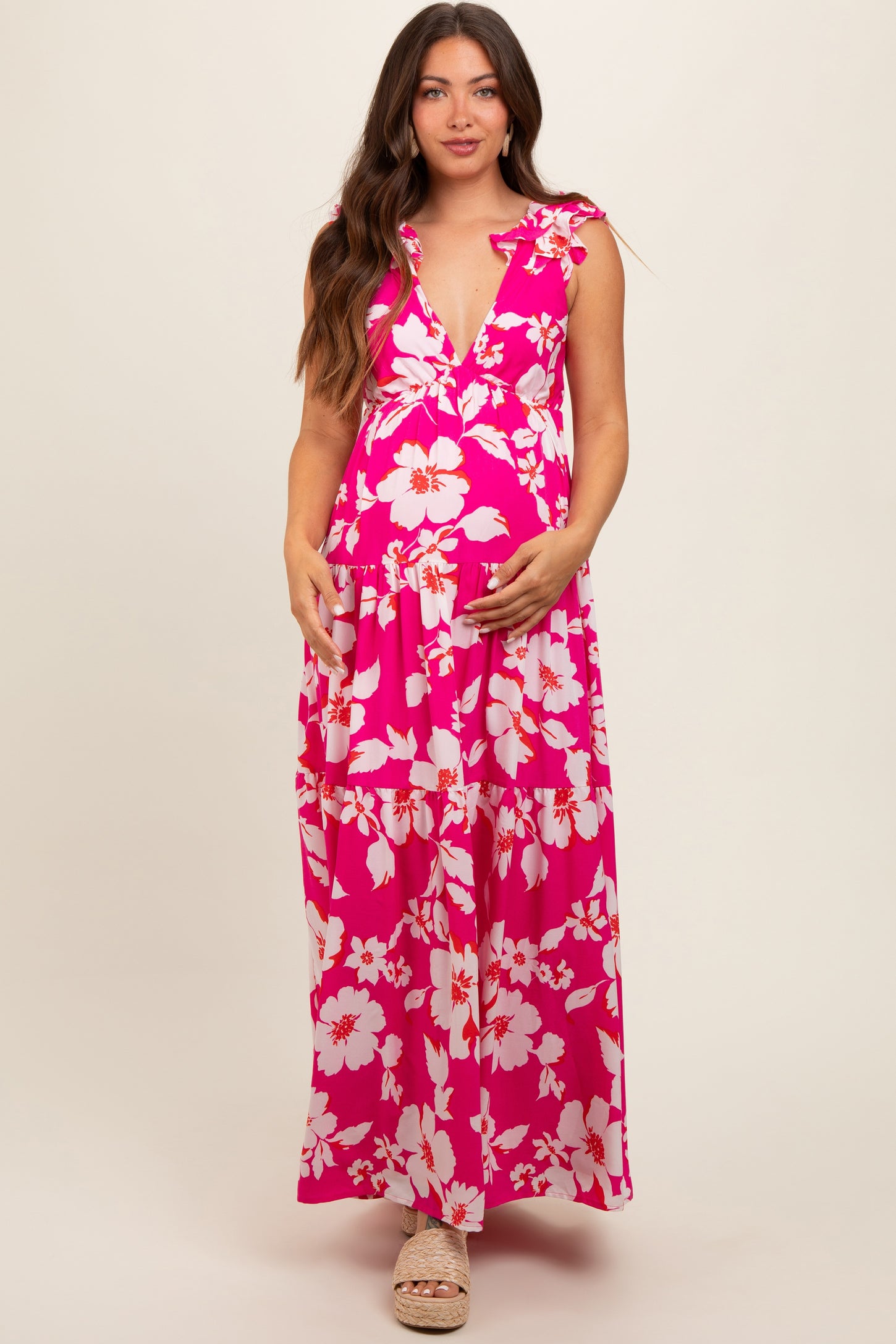 Fuchsia Floral Deep V-Neck Open Back Maternity Maxi Dress