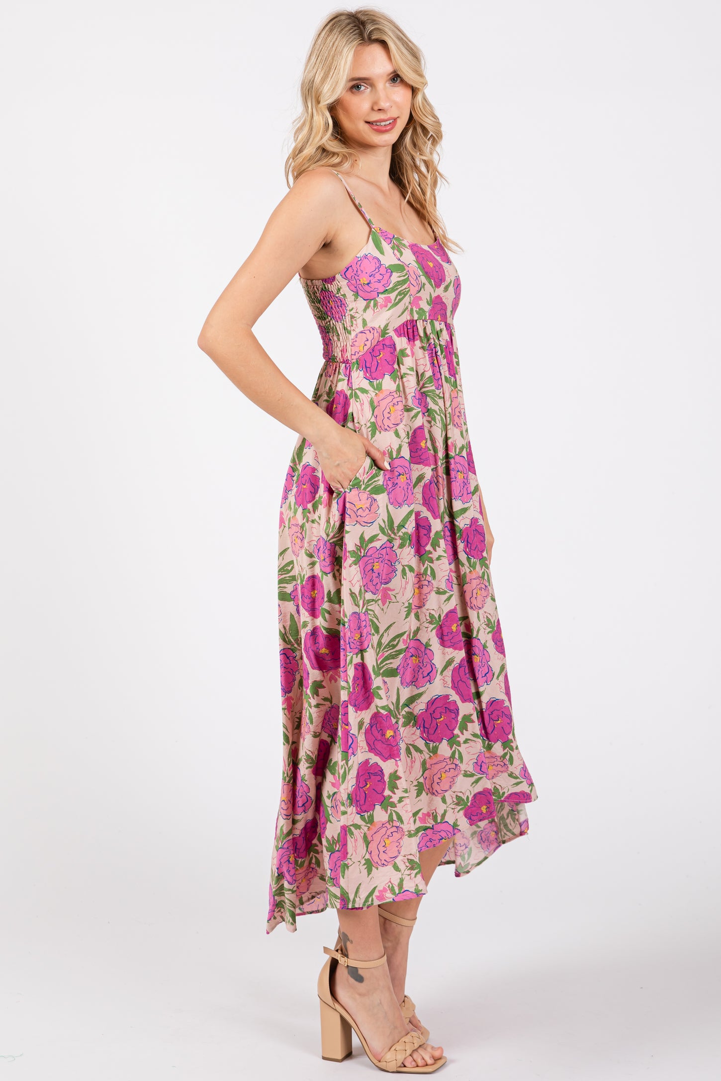 Pink Floral Hi-Lo Sleeveless Midi Dress