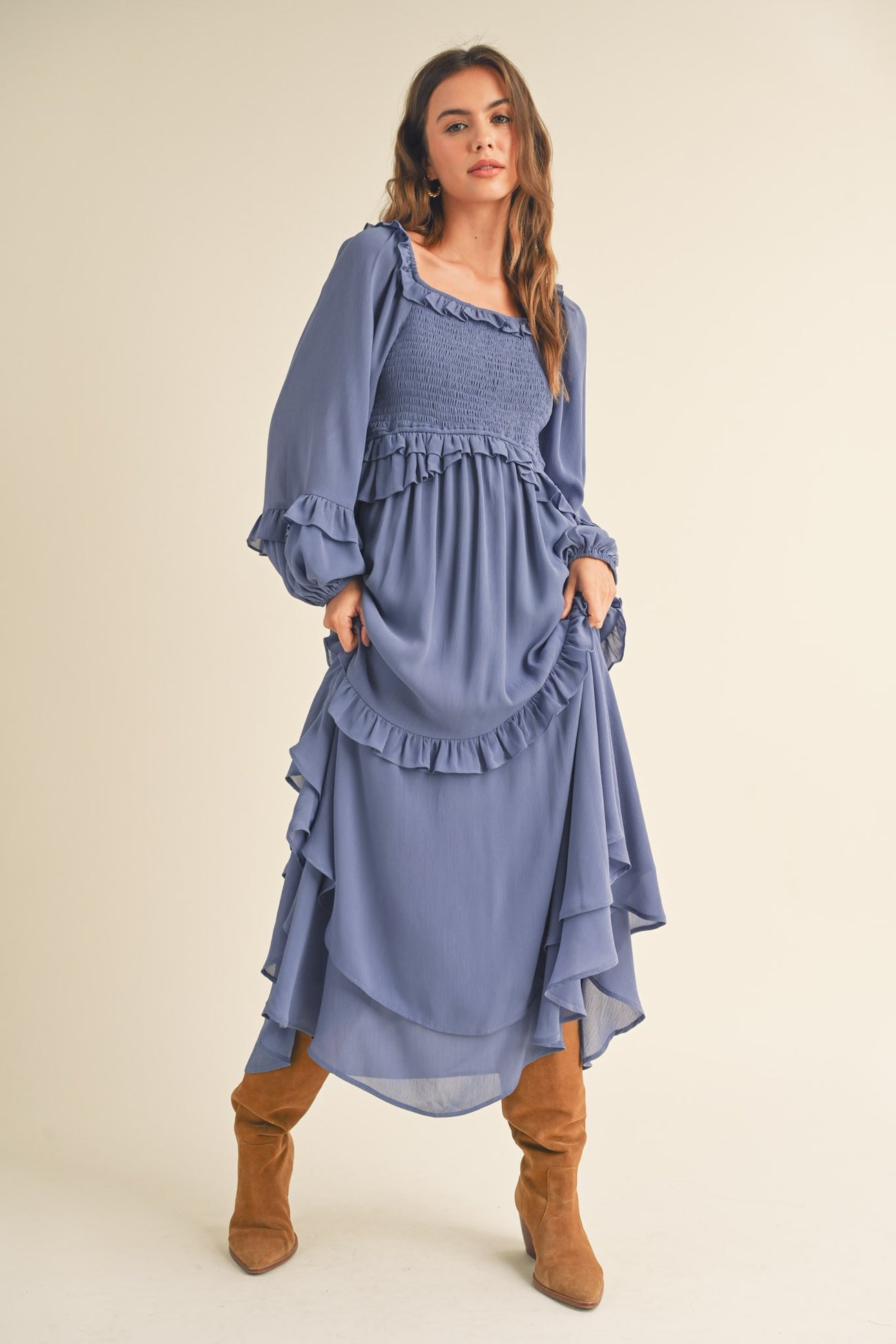 Blue Smocked Ruffle Long Sleeve Maternity Midi Dress