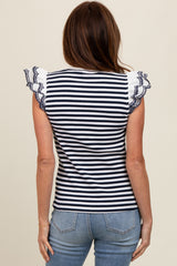 Navy Blue Striped Eyelet Lace Sleeve Blouse