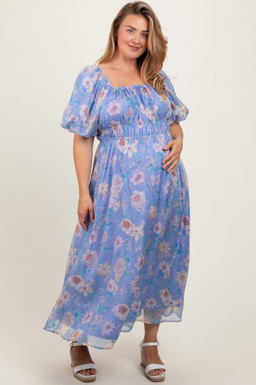 Blue Floral Chiffon Puff Sleeve Maternity Plus Midi Dress