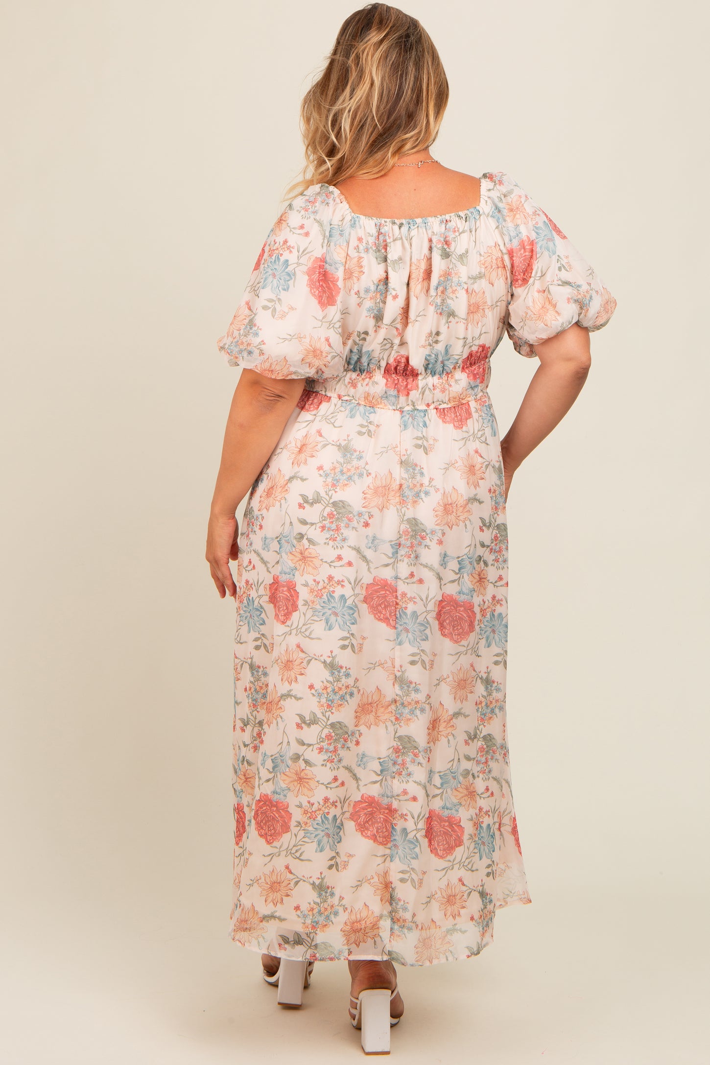 Cream Blue Floral Chiffon Puff Sleeve Maternity Plus Midi Dress