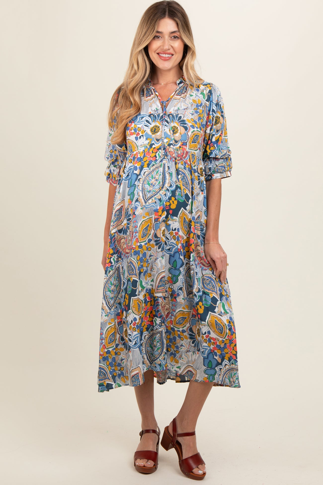 Blue Paisley Print Tiered A-Line Maternity Midi Dress