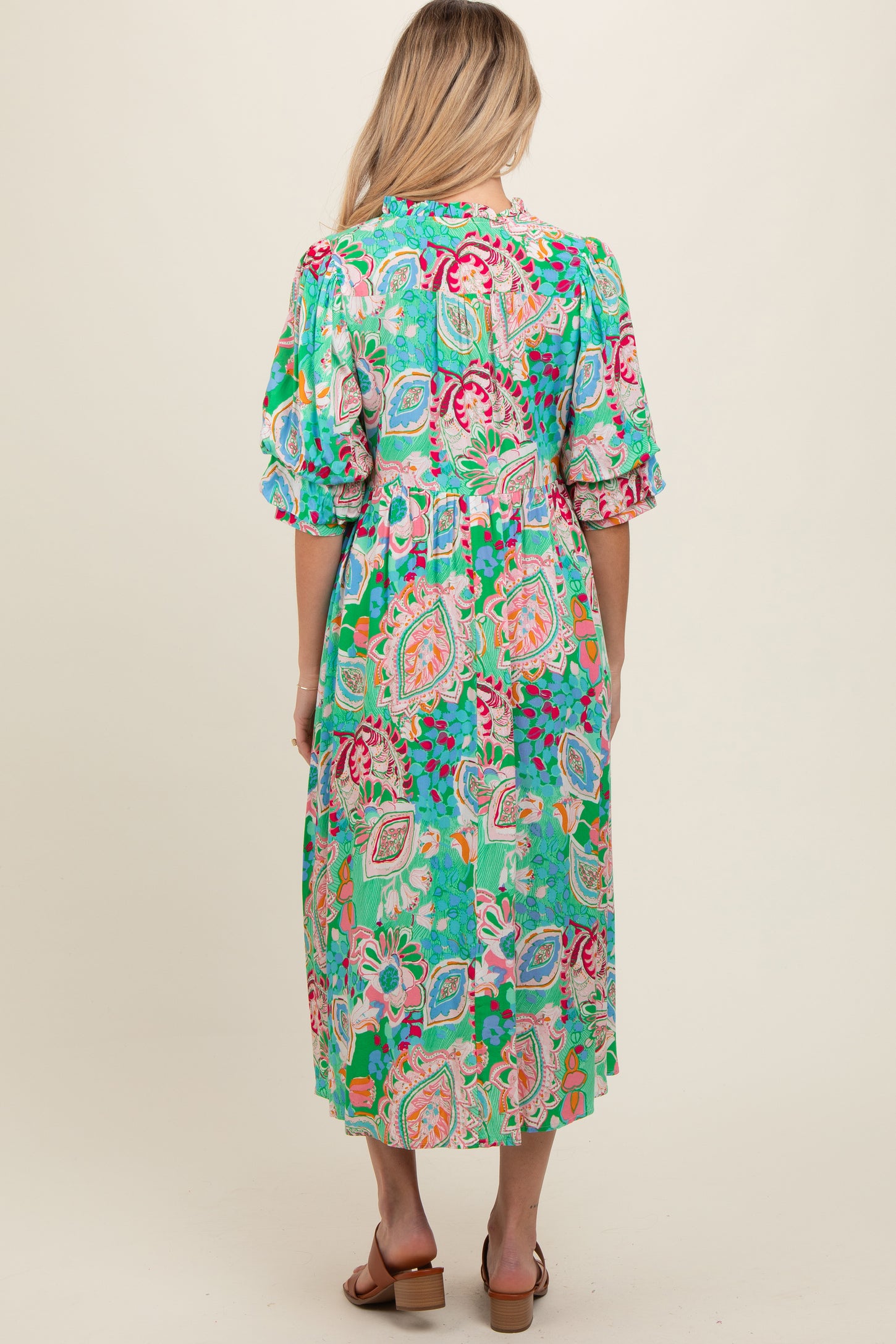 Emerald Paisley Print Tiered A-Line Maternity Midi Dress