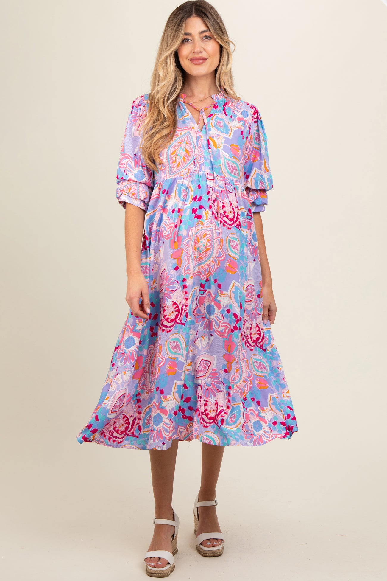 Lavender Paisley Print Tiered A-Line Maternity Midi Dress