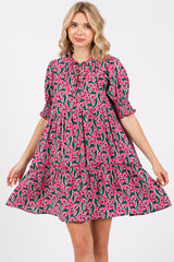 Pink Floral Front Tie Puff Sleeve Maternity Dress