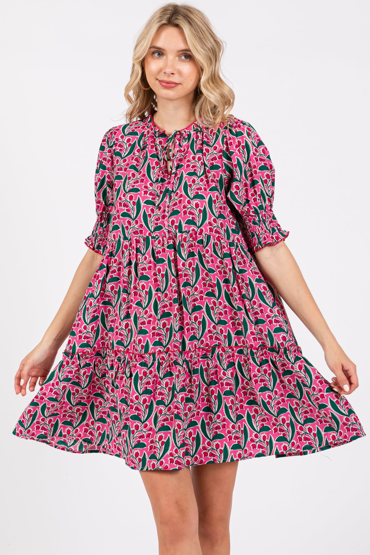 Pink Floral Front Tie Puff Sleeve Dress