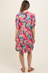 Pink Floral Button Short Sleeve Maternity Dress