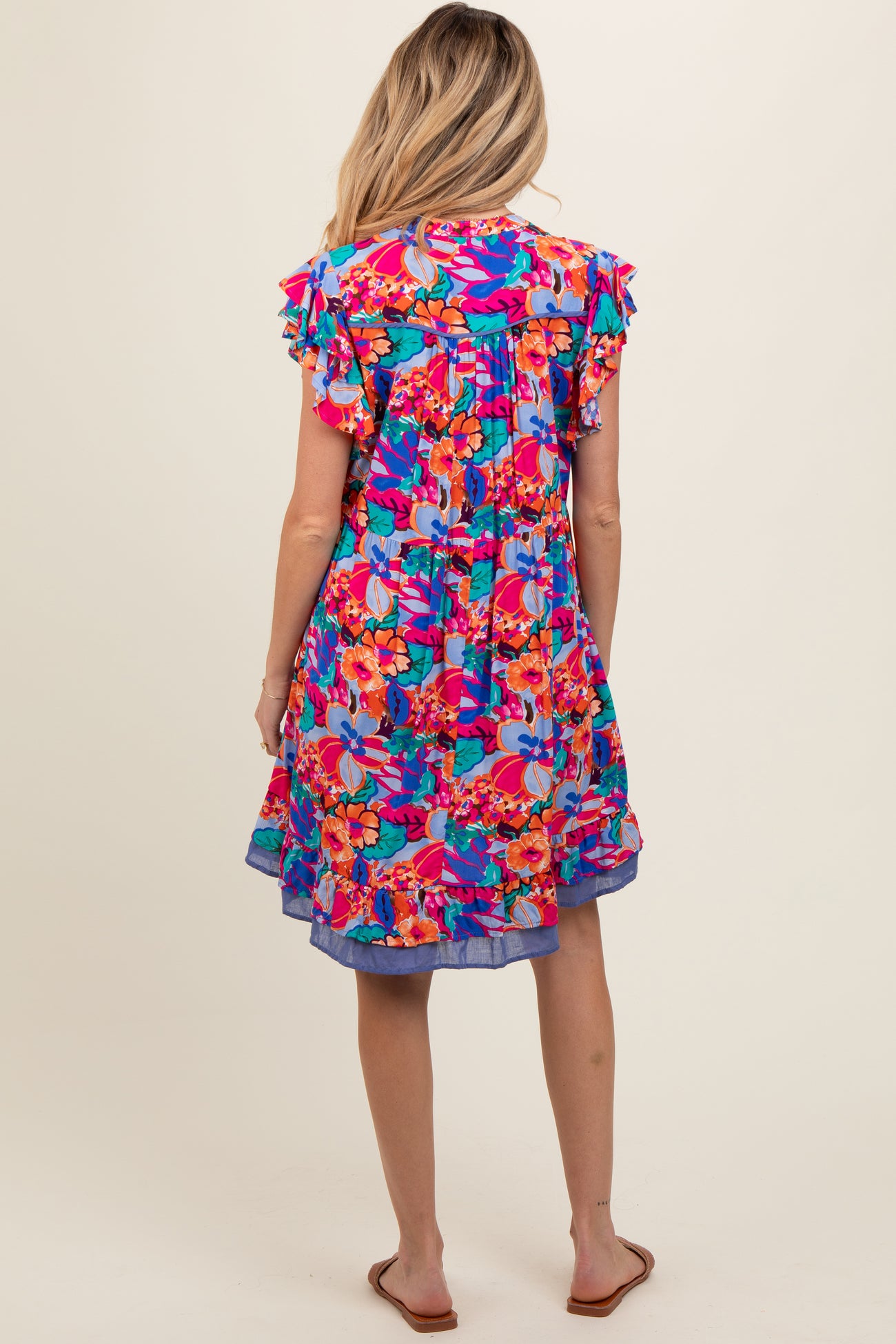 Blue Multicolor Ruffle Accent Maternity Dress
