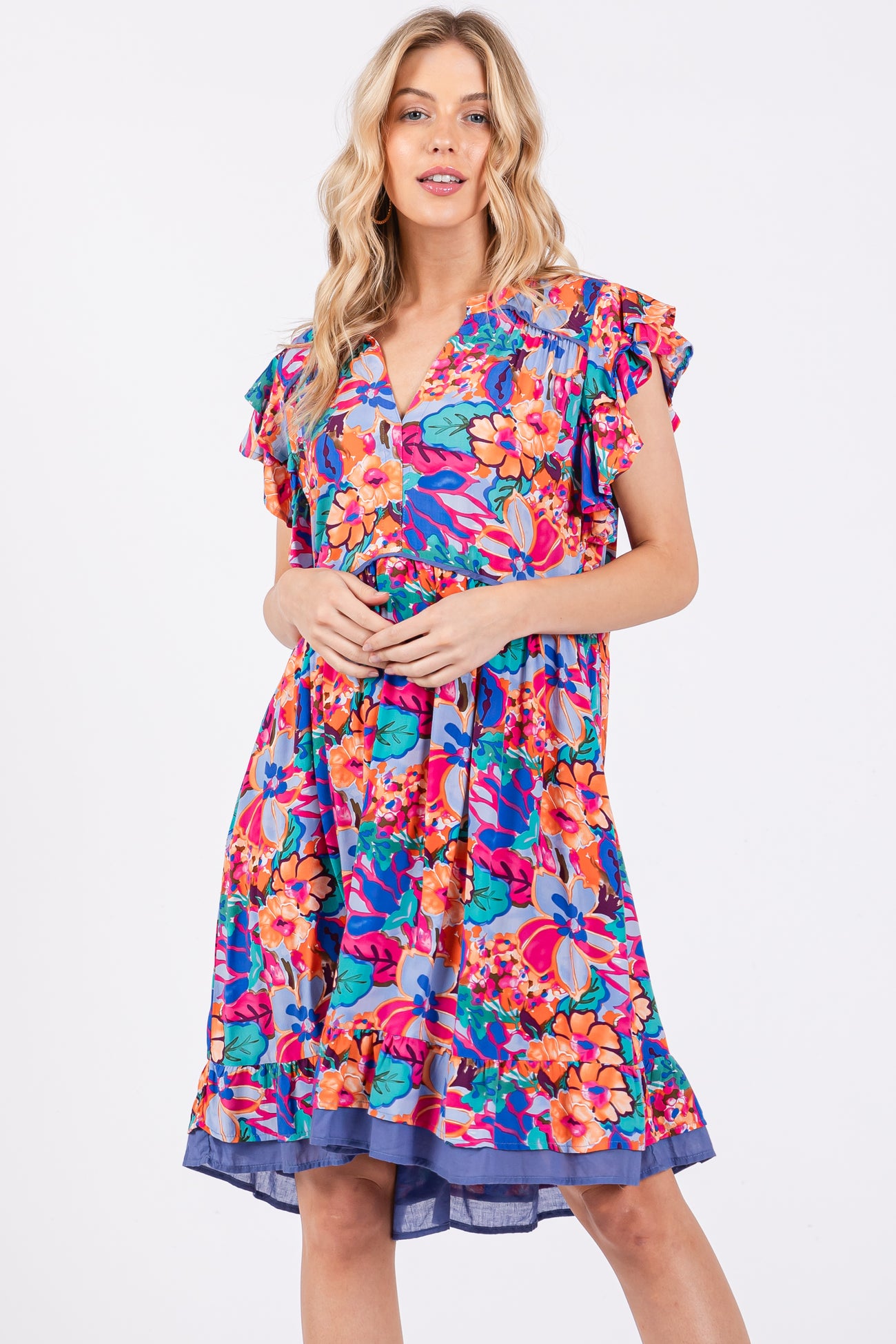 Blue Multicolor Ruffle Accent Dress