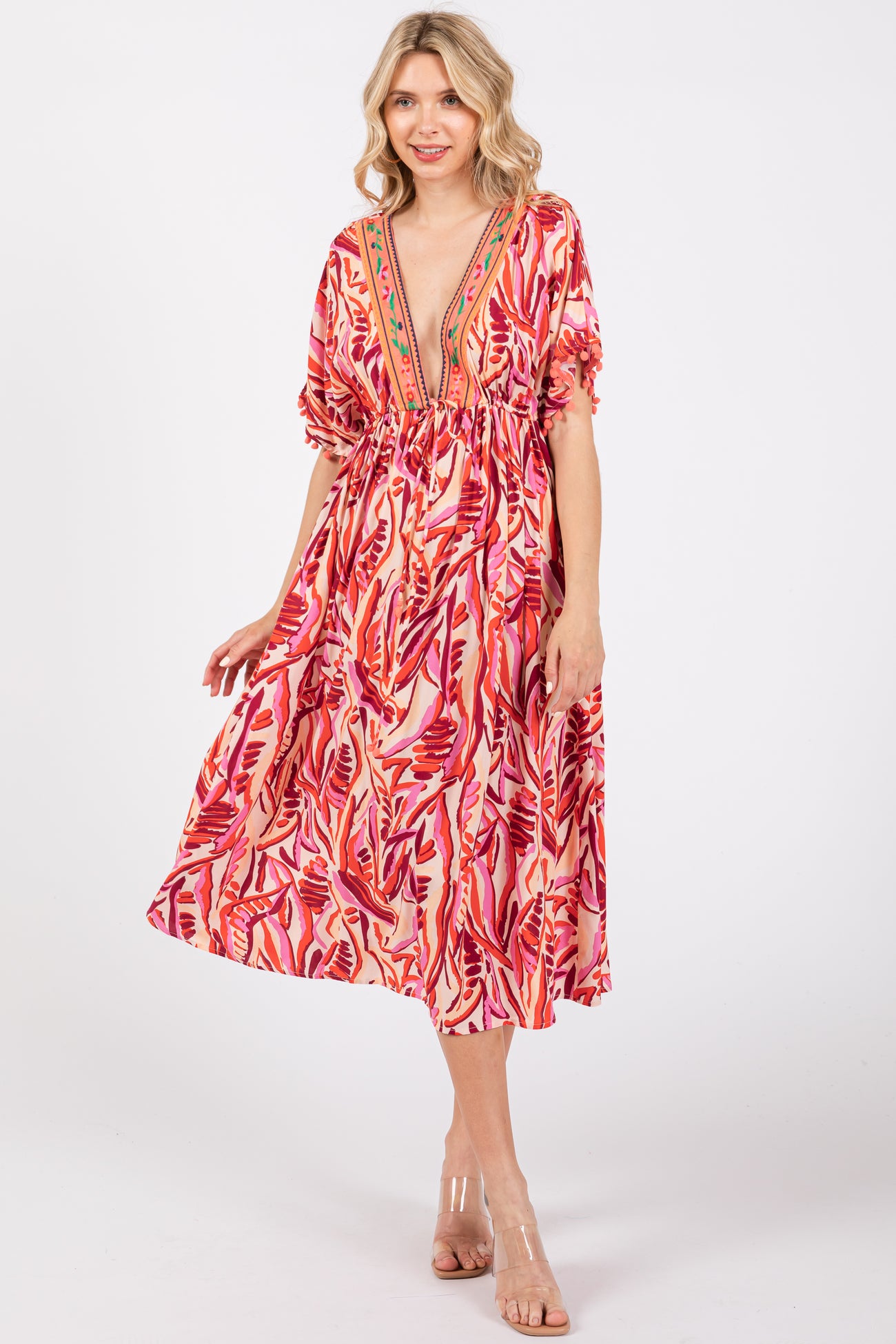 Orange Embroidered V-Neck Short Pom Sleeve Maternity Midi Dress