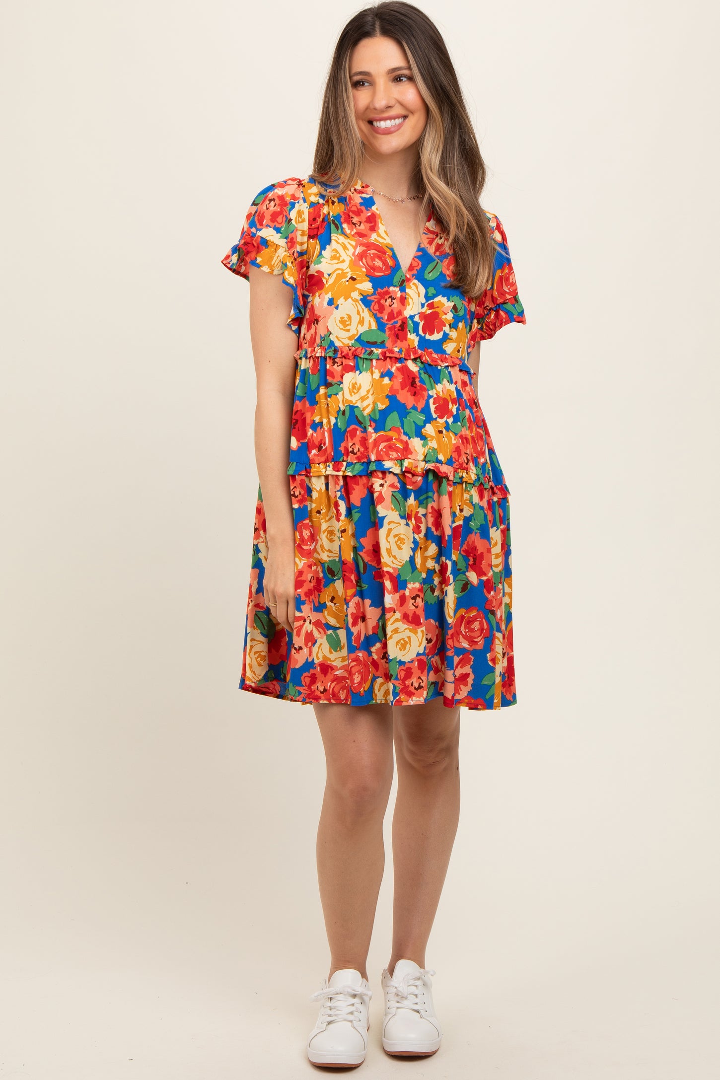 Blue Floral Ruffle Tiered V-Neck Maternity Dress