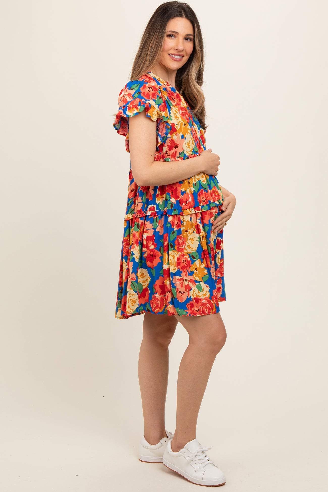 Blue Floral Ruffle Tiered V-Neck Maternity Dress