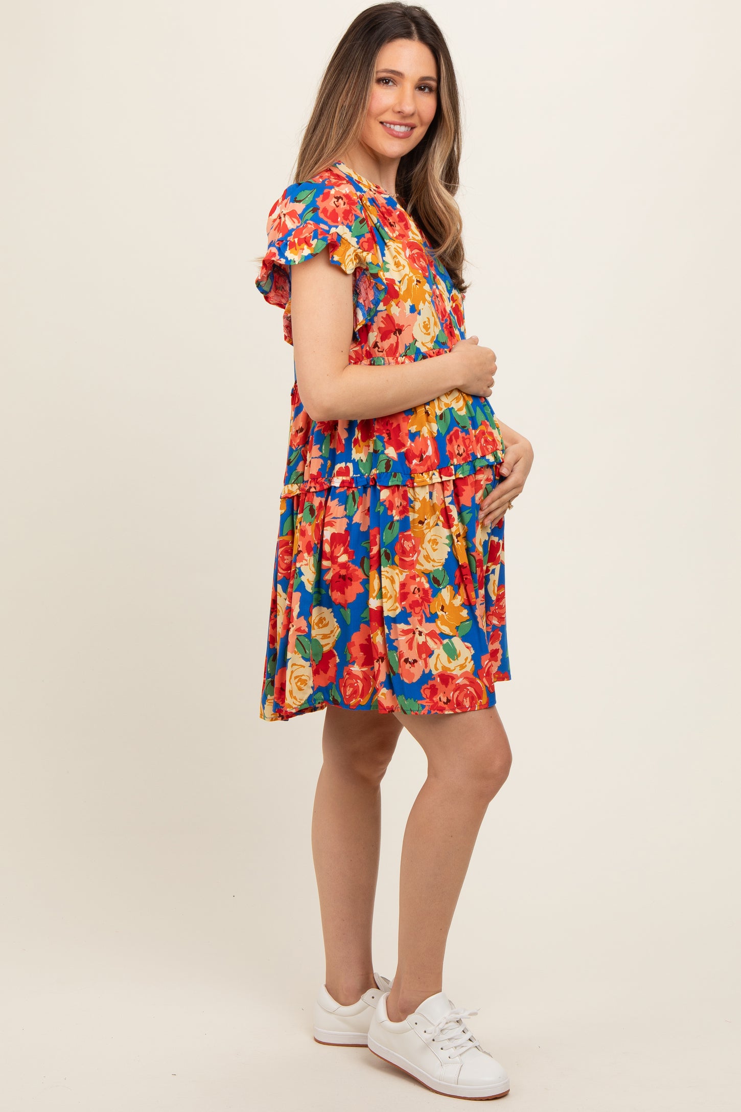 Blue Floral Ruffle Tiered V-Neck Maternity Dress