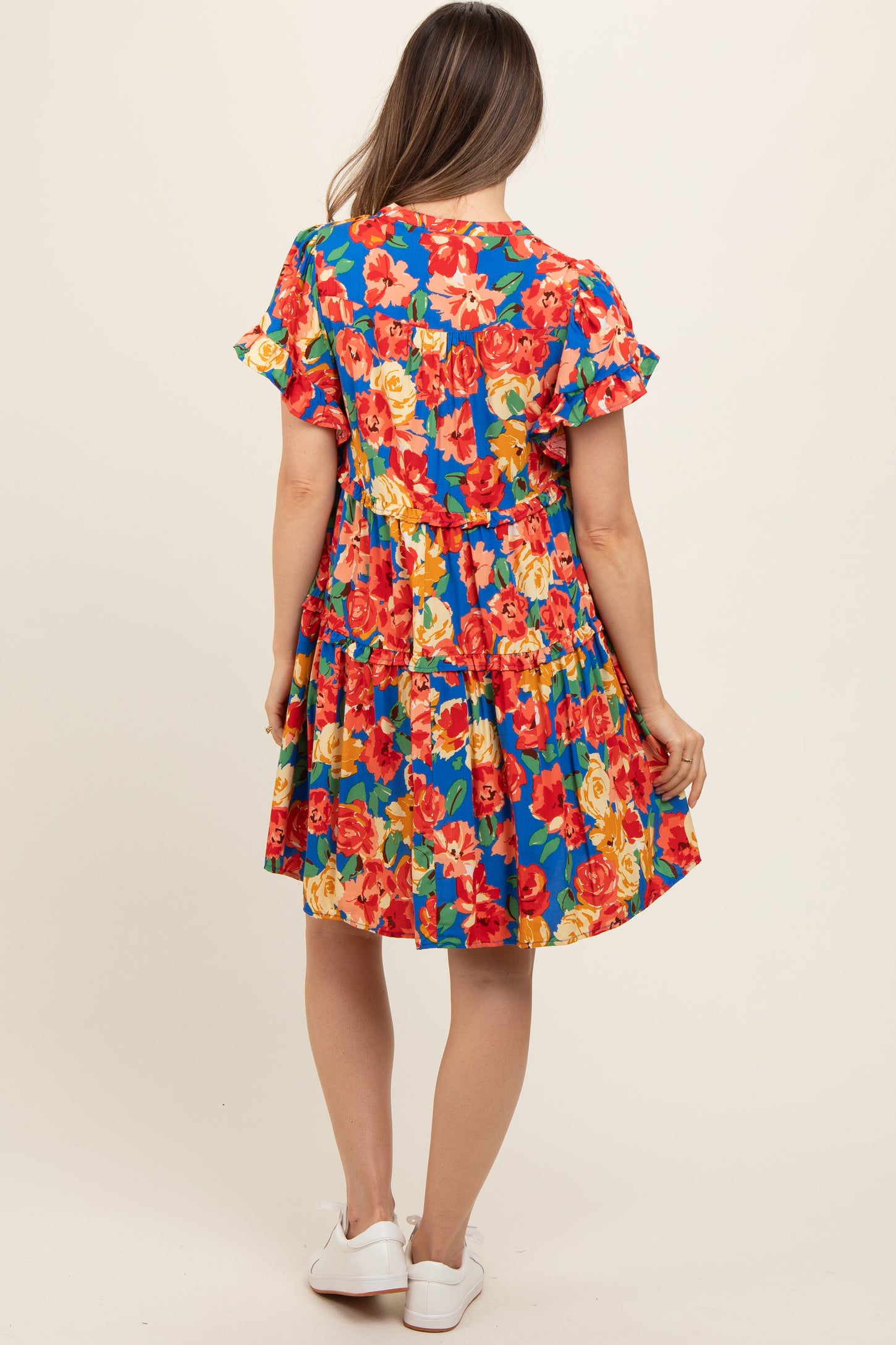 Blue Floral Ruffle Tiered V-Neck Maternity Dress