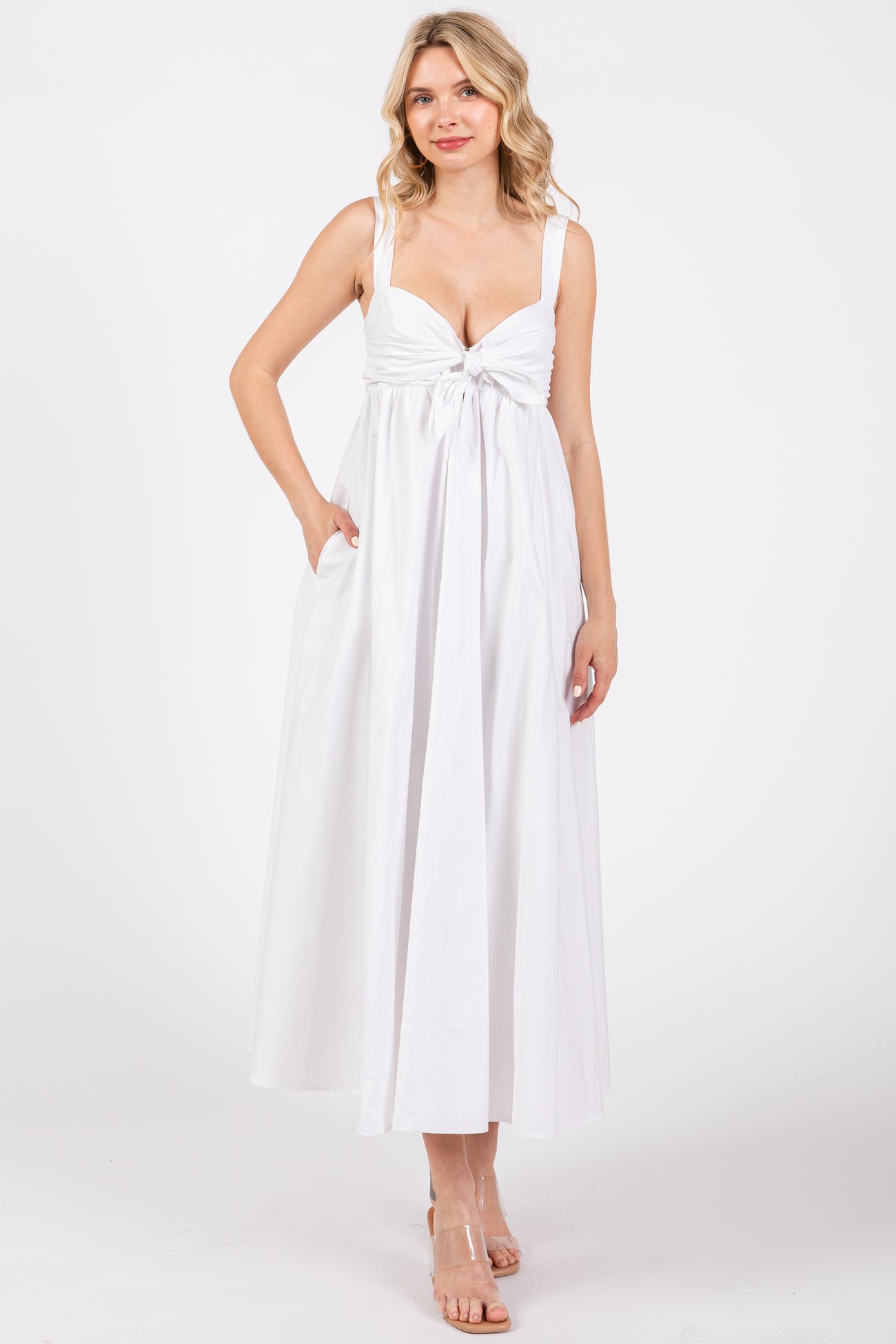 White Front Tie Sleeveless Midi Dress