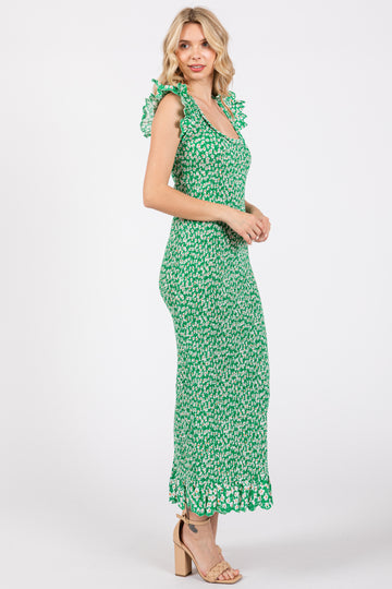 Green Floral Smocked Flutter Cup Sleeve Dress
