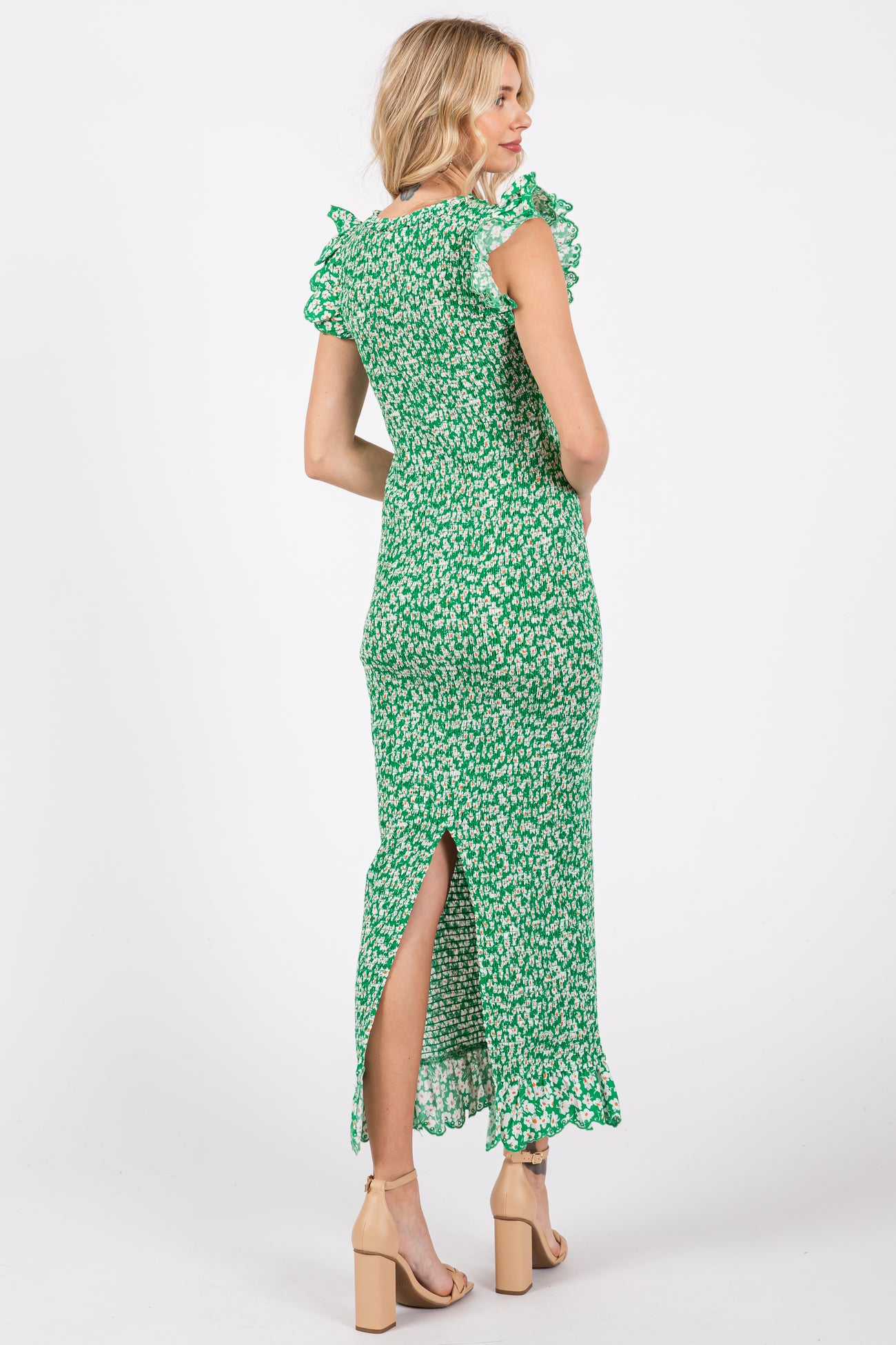 Green Floral Smocked Flutter Cup Sleeve Dress