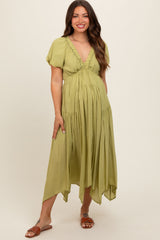 Light Olive Deep V-Neck Puff Short Sleeve Asymmetrical Hem Maternity Midi Dress