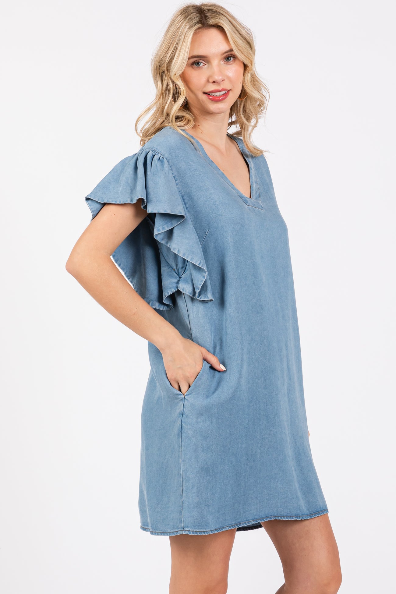 Blue Ruffle Sleeve Mini Dress