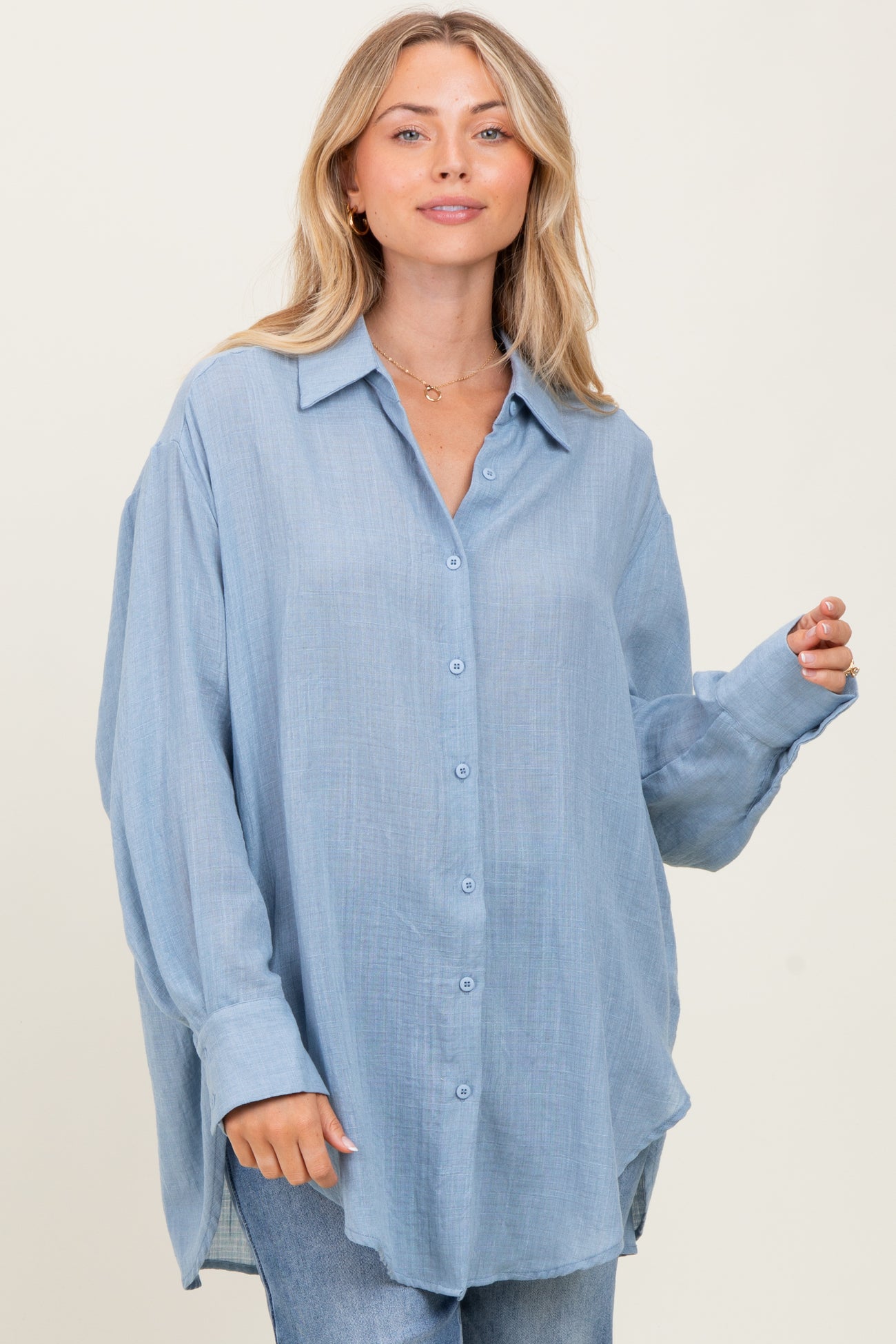 Blue Long Sleeve Collared Button Down Shirt