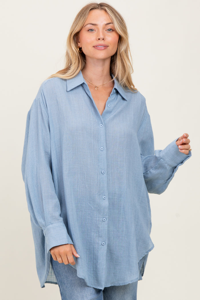 Blue Long Sleeve Collared Button Down Maternity Shirt