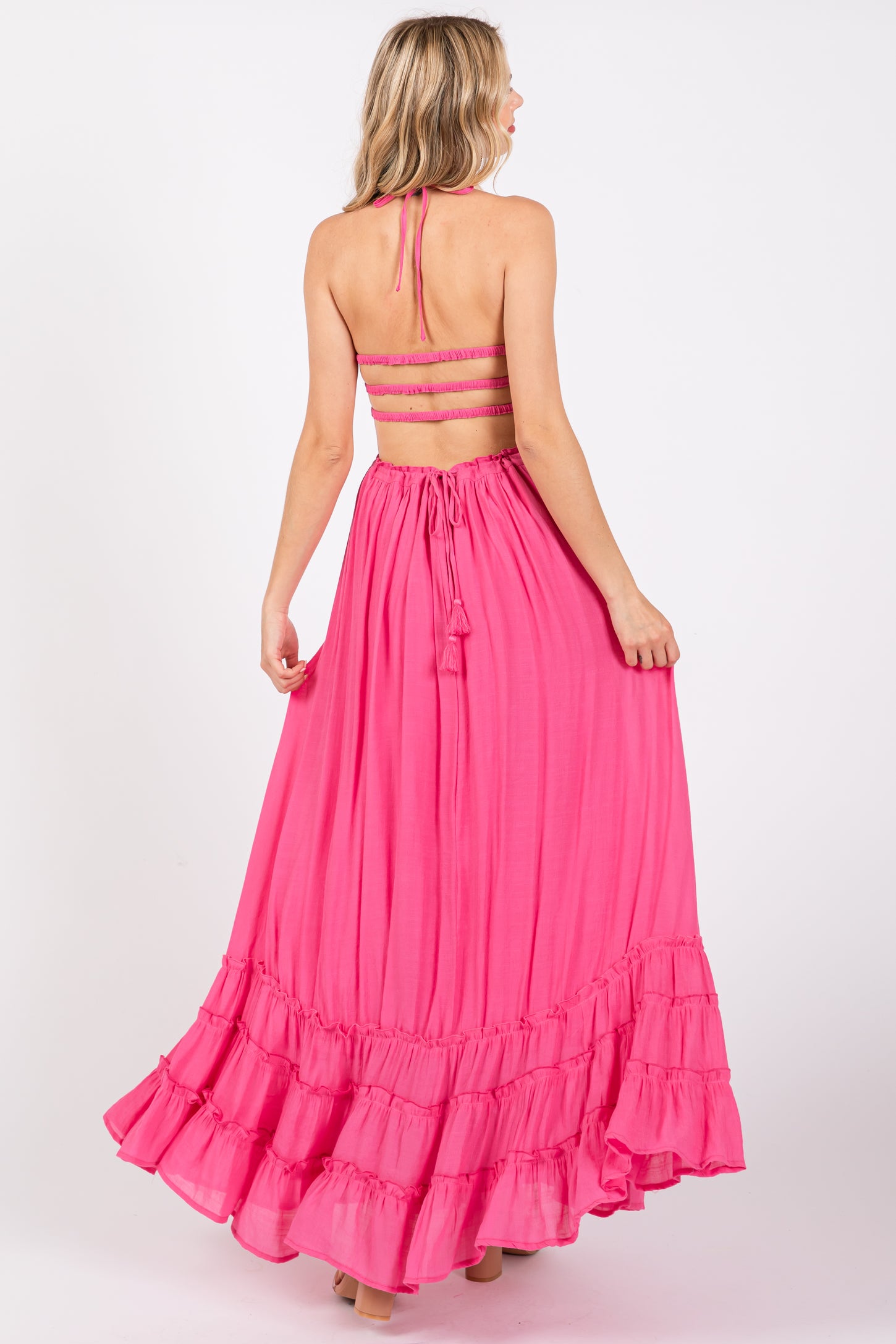 Pink Smocked Halter Cutout Maxi Dress