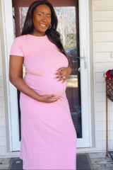 Pink Short Sleeve Maternity Midi T-Shirt Dress
