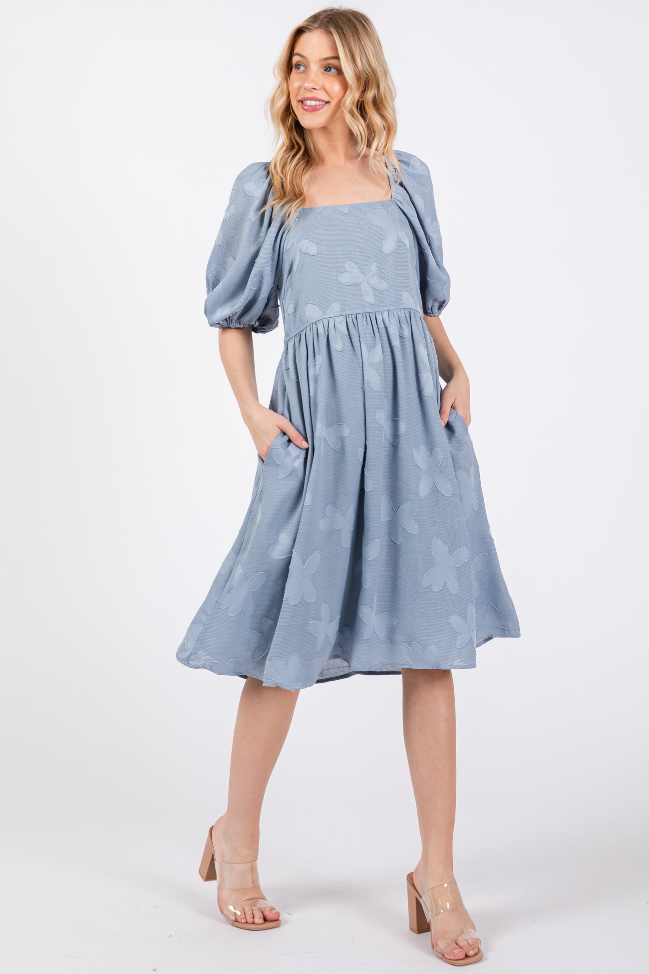 Blue Textured Floral Square Neck Puff Sleeve Dress