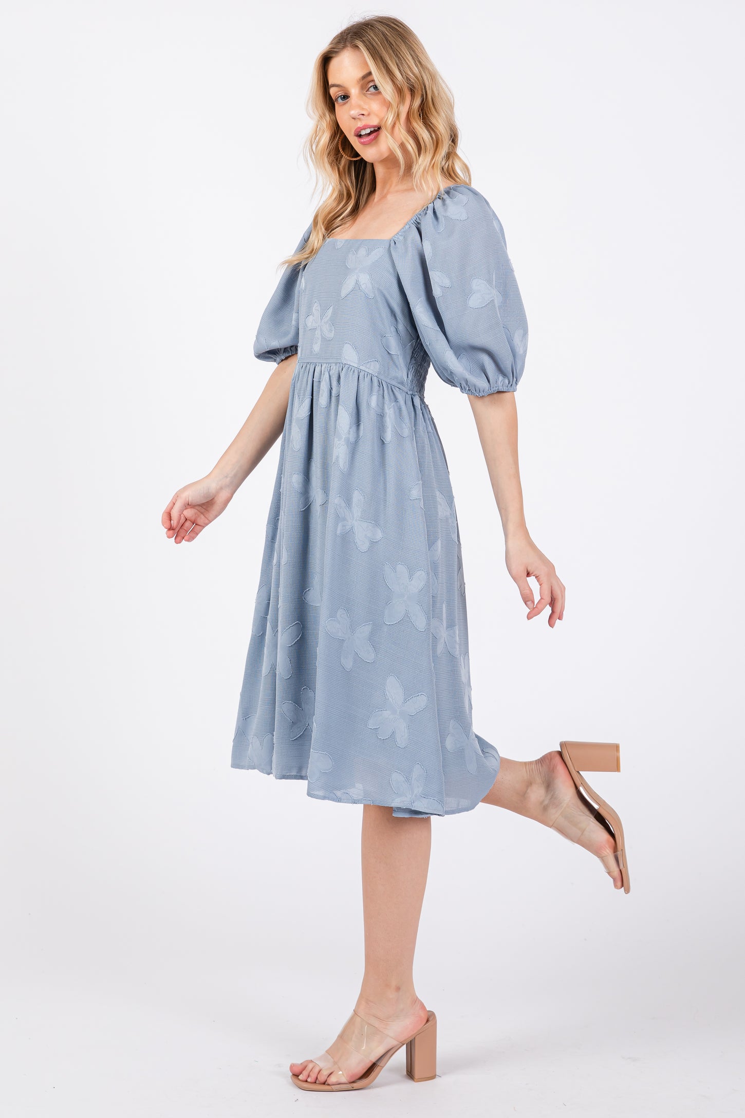 Blue Textured Floral Square Neck Puff Sleeve Dress