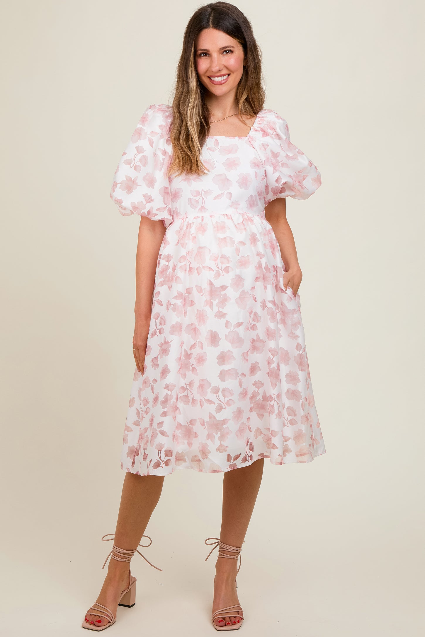 Pink Floral Puff Sleeve Maternity Dress