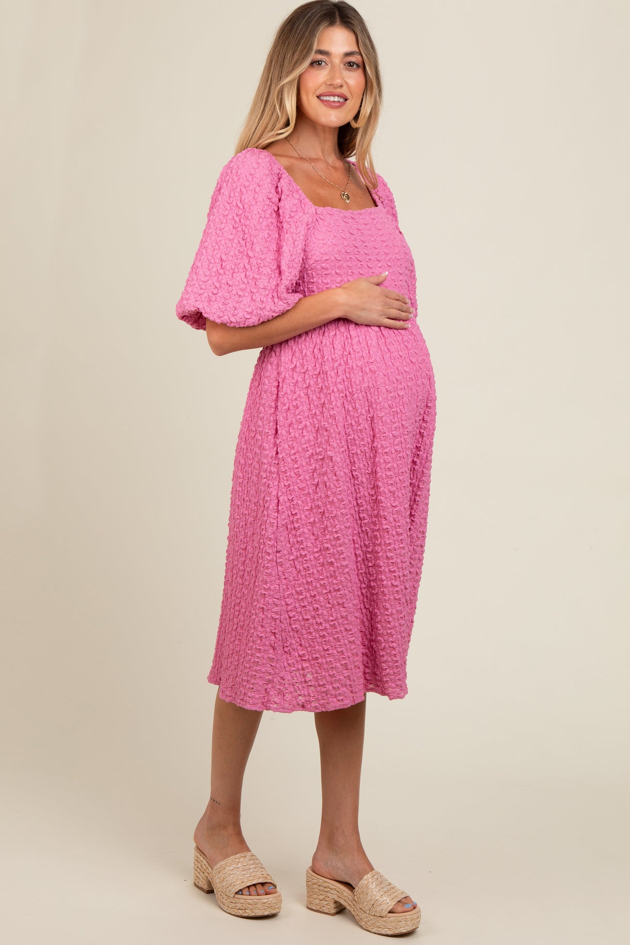 Pink Floral Jacquard Maternity Midi Dress