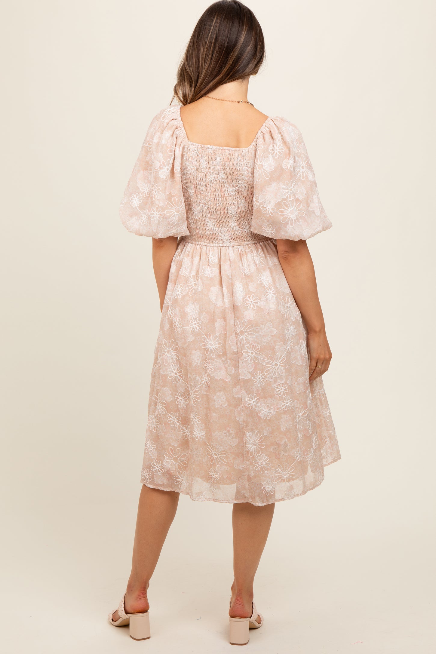 Beige Floral Embroidered Short Puff Sleeve Maternity Dress