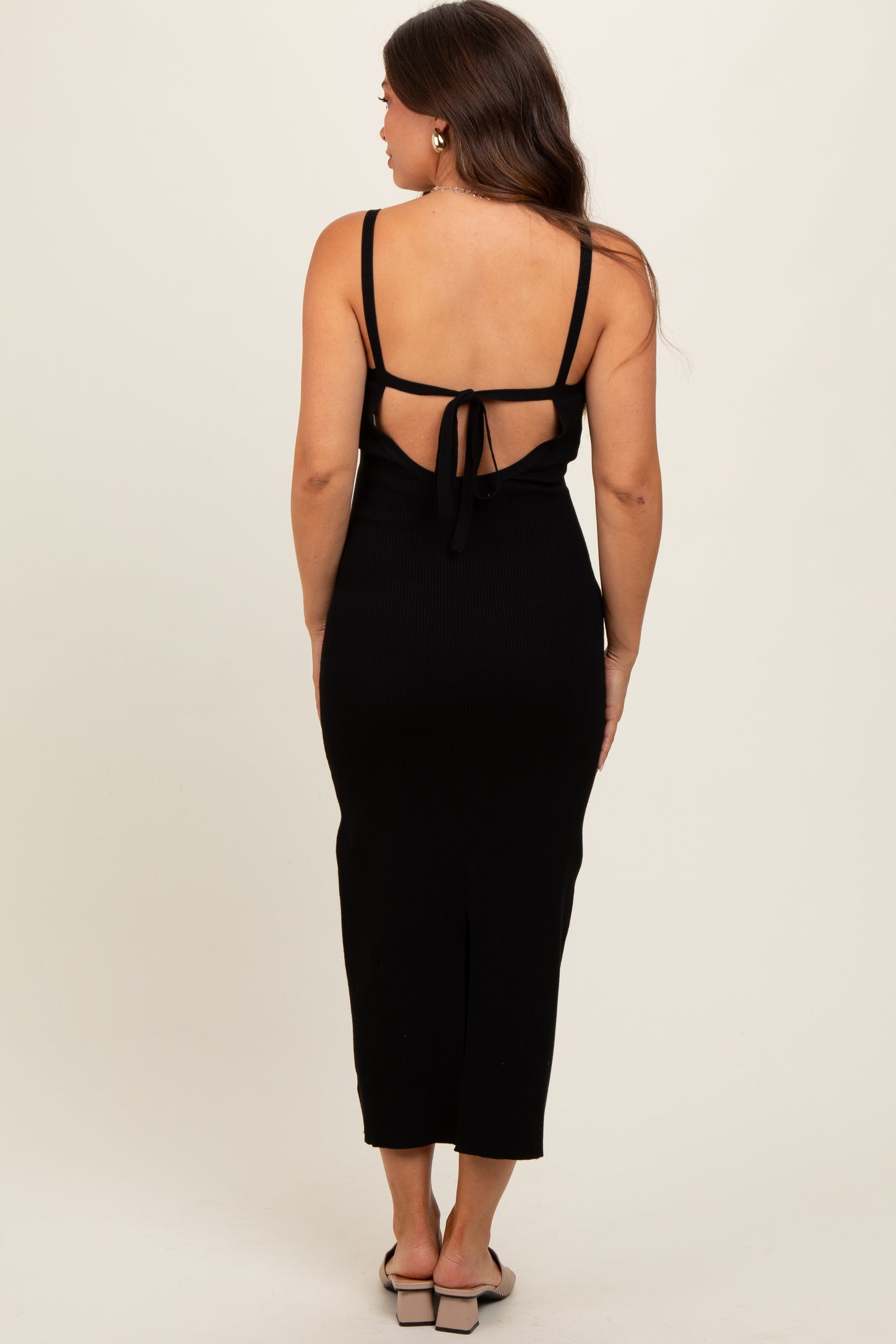Black Knit Open Tie Back Maternity Midi Dress
