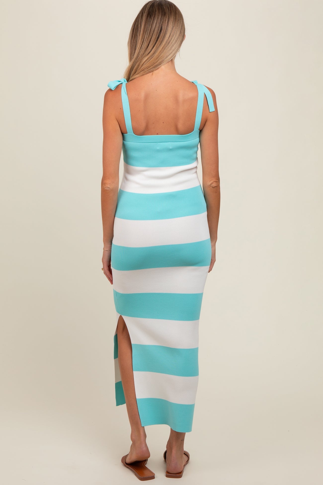 Light Blue Bow Shoulder Stripe Sweater Maternity Maxi Dress