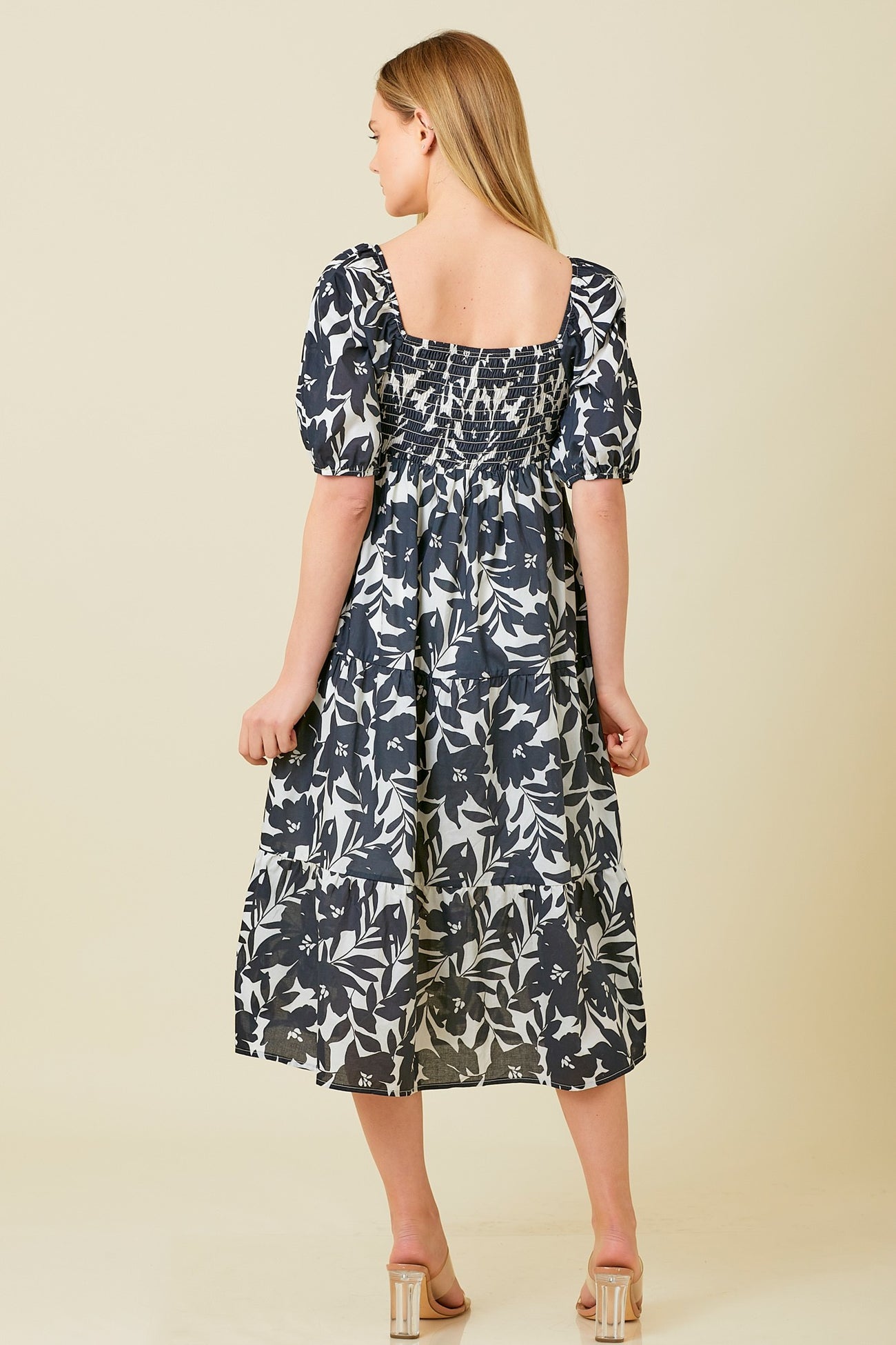 Black White Puff Sleeve Midi Dress