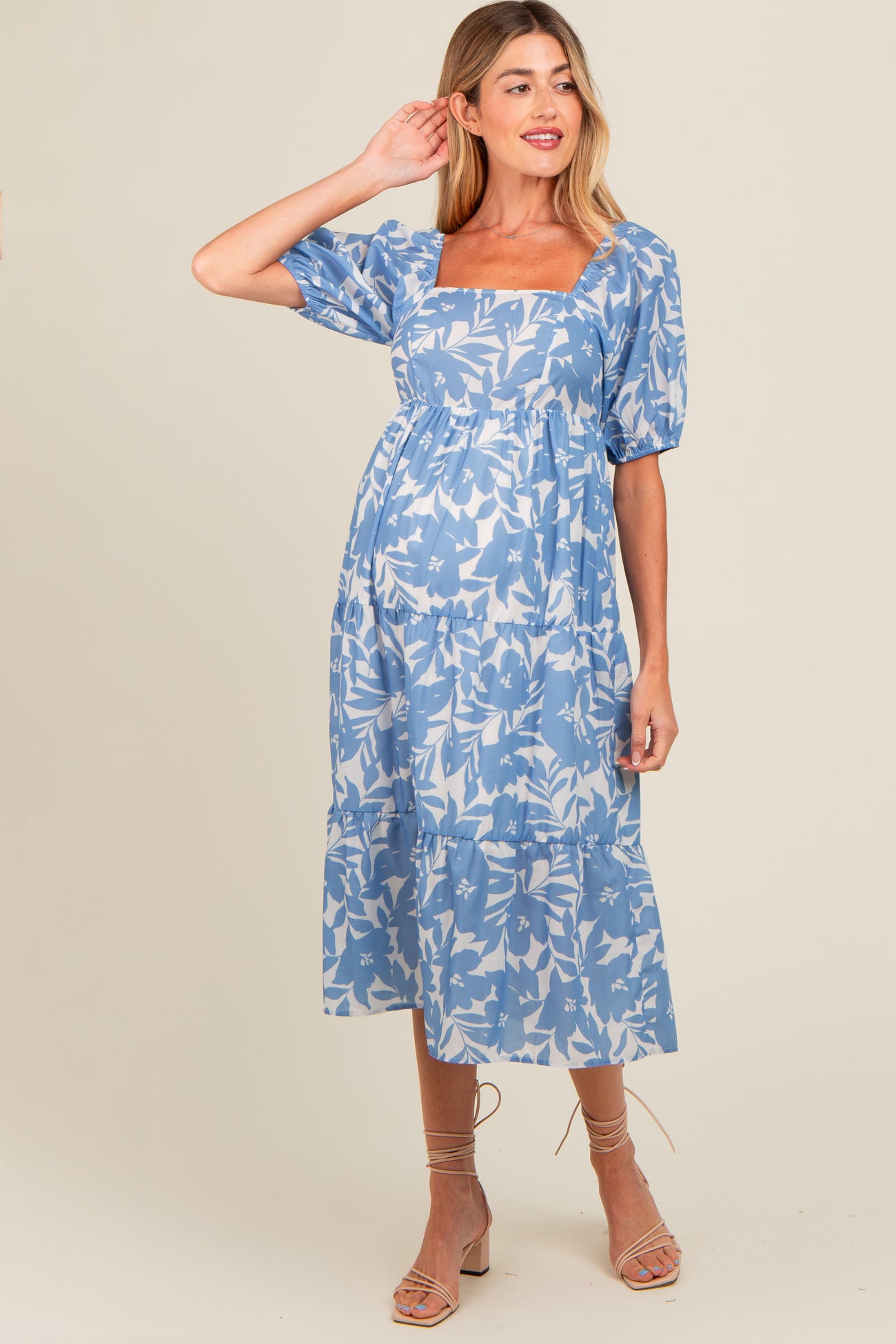 Blue White Floral Maternity Midi Dress