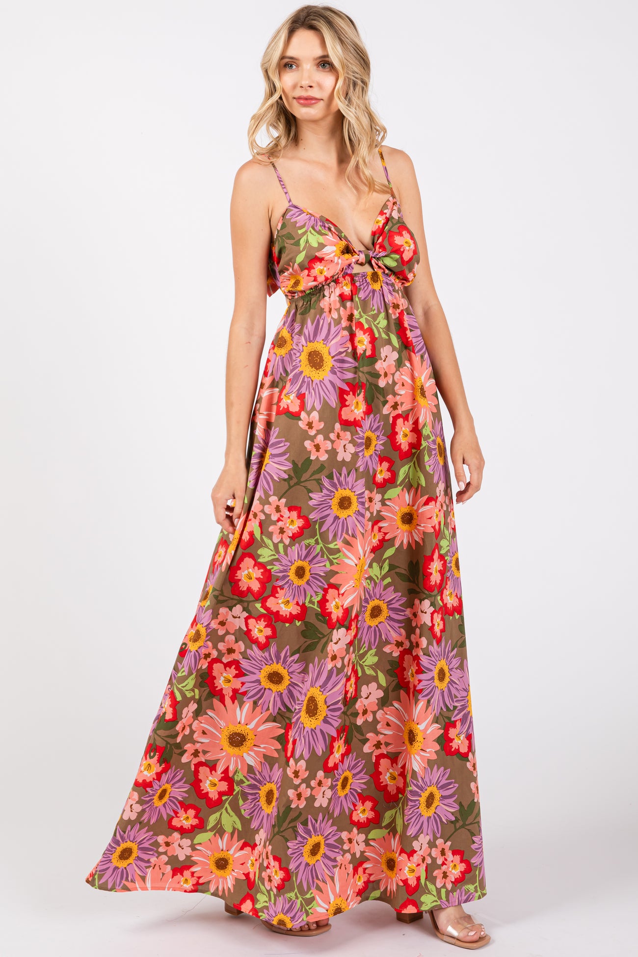 Olive Floral Cutout V-Neck Maxi Dress