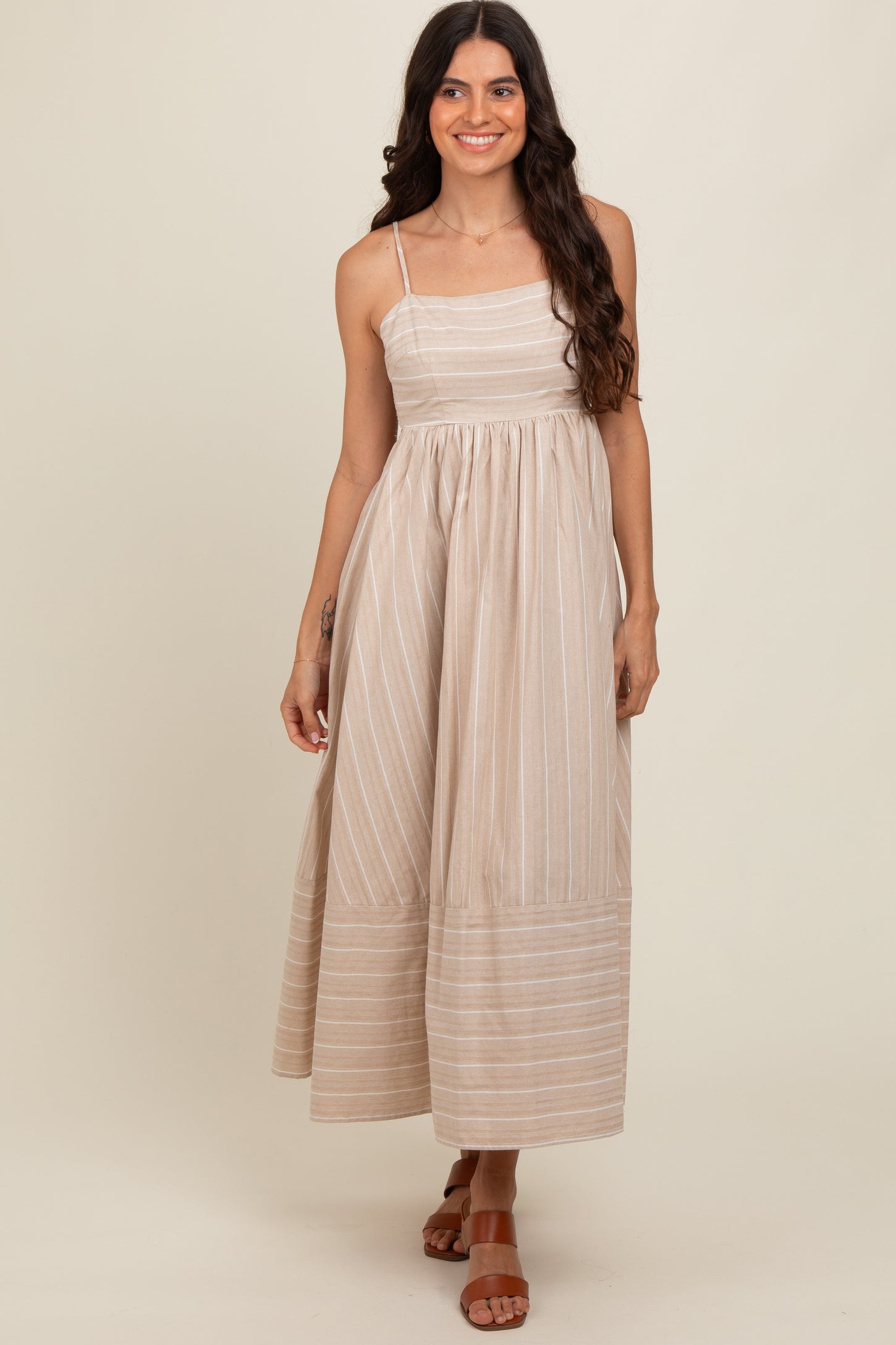 Beige Striped Cutout Back Maternity Maxi Dress