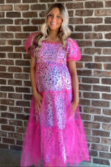 Magenta Floral Lined Smocked Tulle Maternity Midi Dress