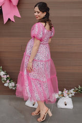 Magenta Floral Lined Smocked Tulle Maternity Midi Dress