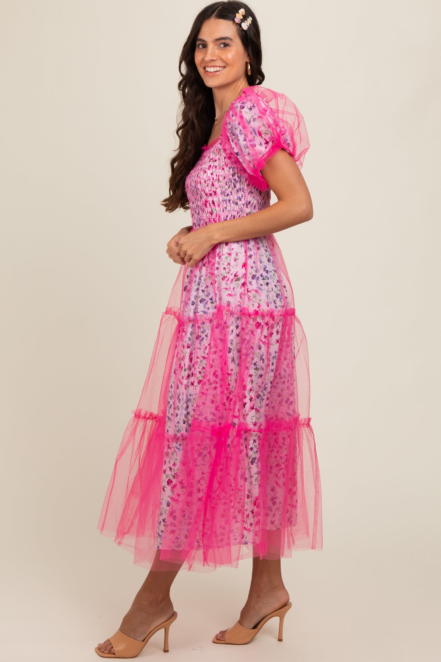 Magenta Floral Lined Smocked Tulle Midi Dress