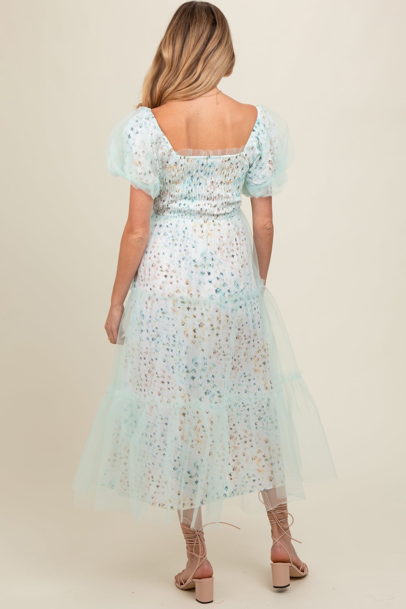 Mint Green Floral Lined Smocked Tulle Maternity Midi Dress