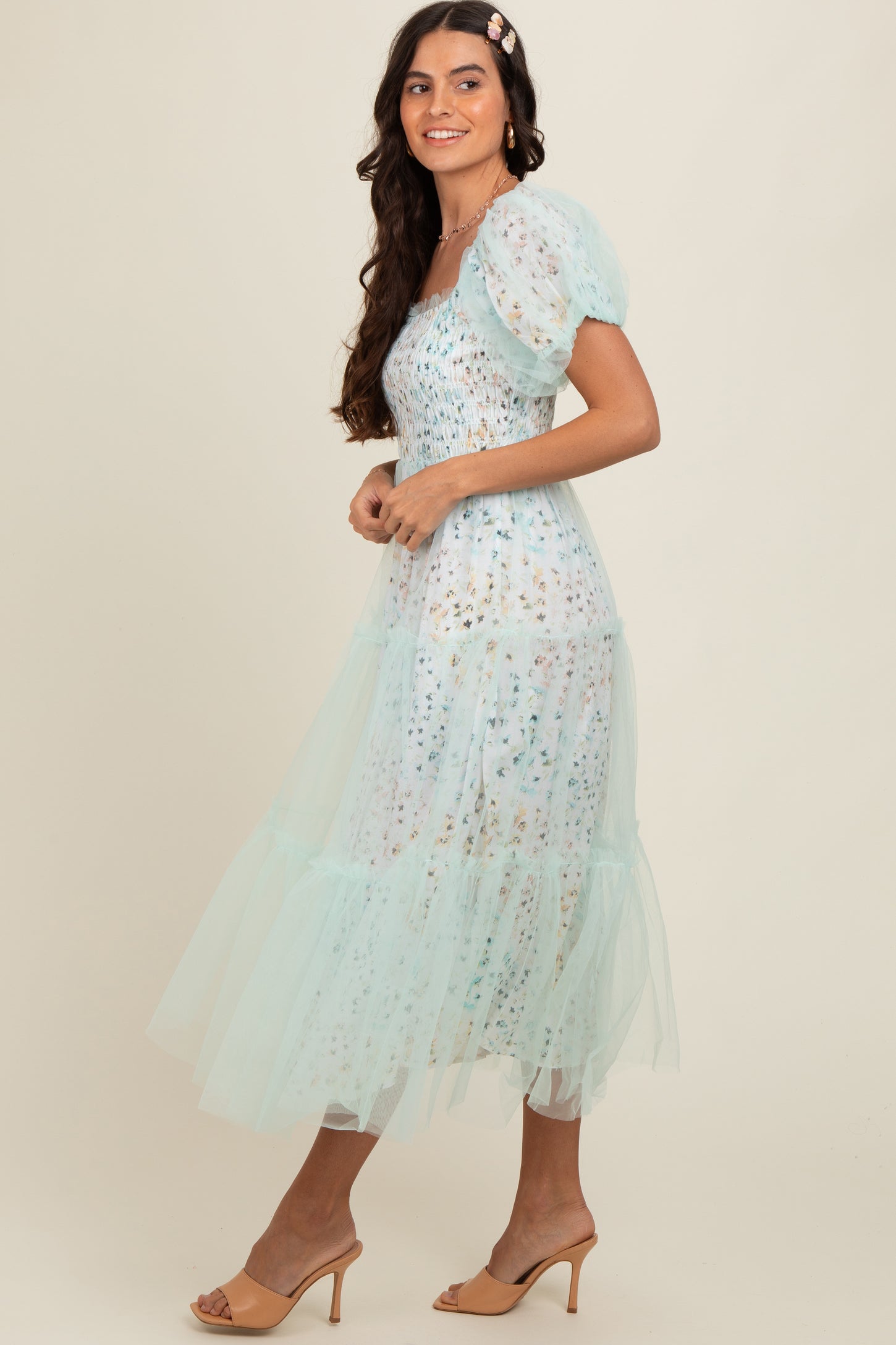 Mint Green Floral Lined Smocked Tulle Midi Dress