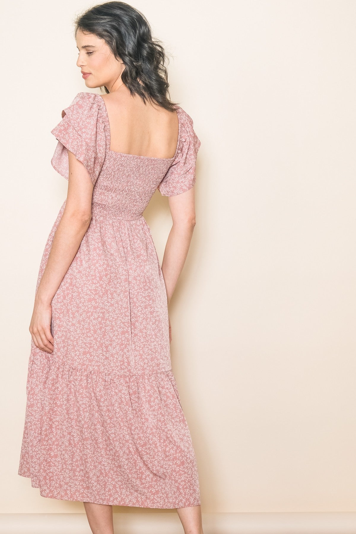 Mauve Floral Flutter Sleeve Tiered Dress