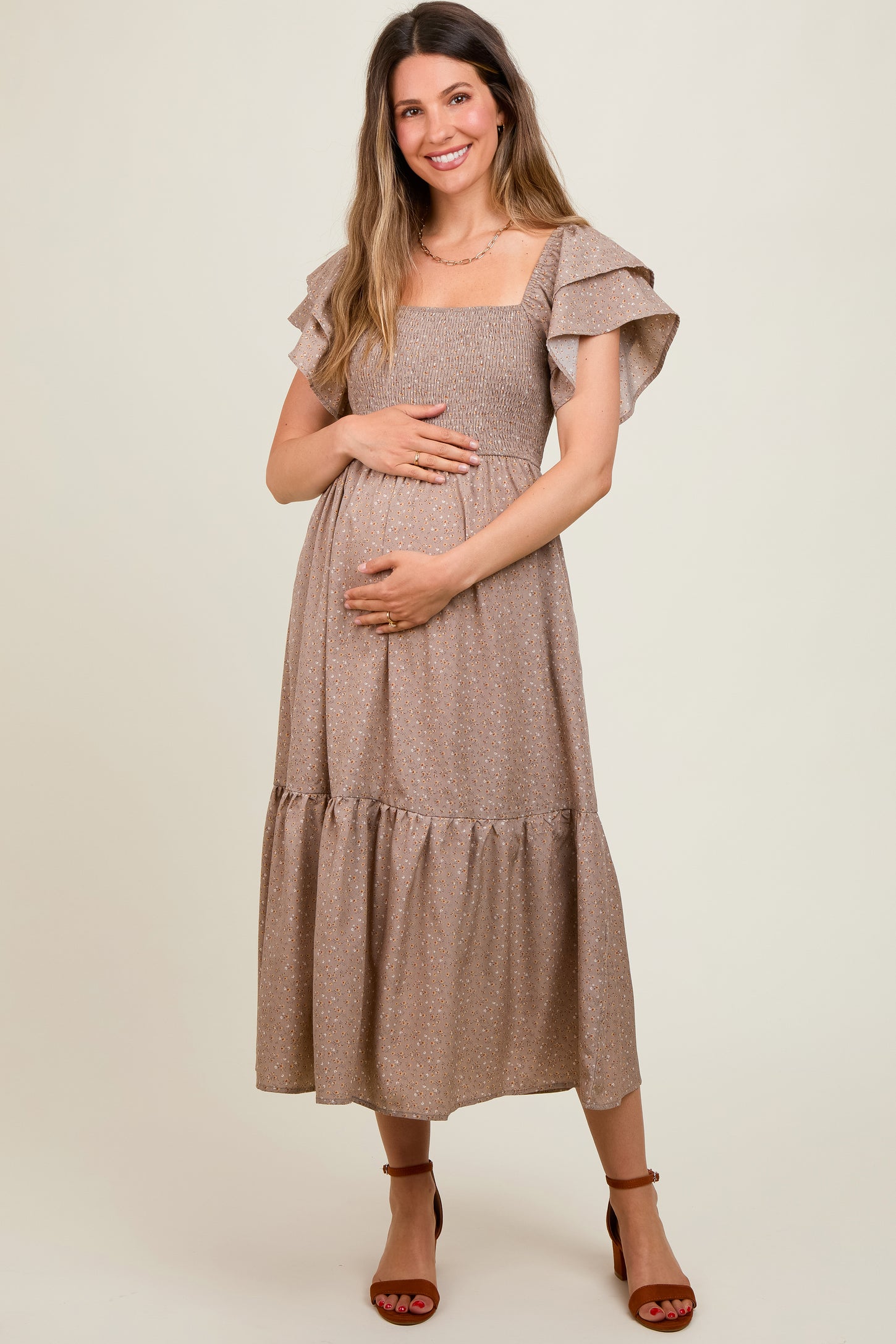 Mocha Floral Flutter Sleeve Tiered Maternity Dress