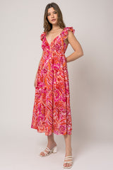 Fuchsia Floral Flutter Sleeve Dress