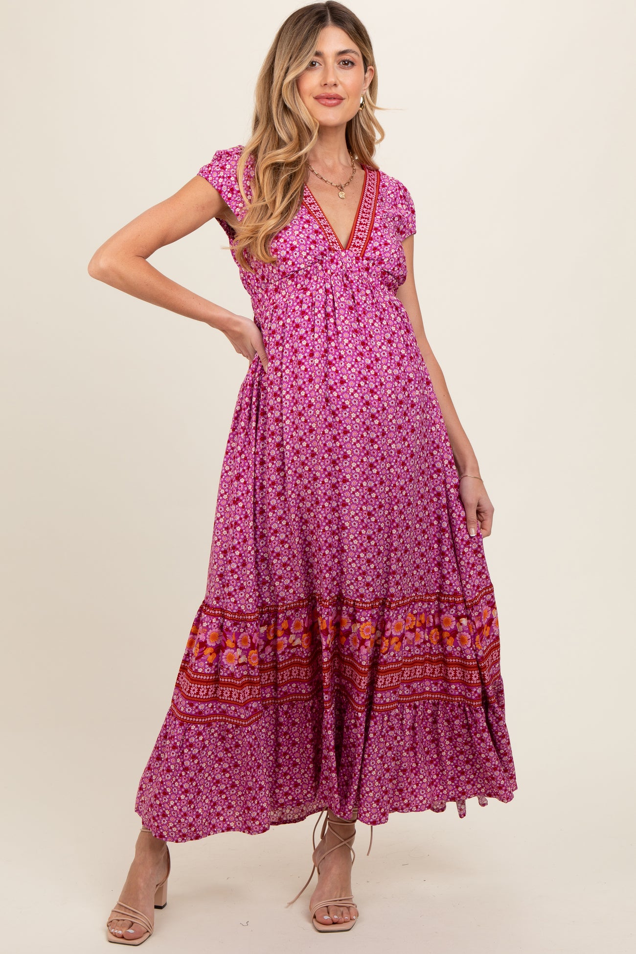 Magenta Floral Border Print Ruffle Maternity Maxi Dress