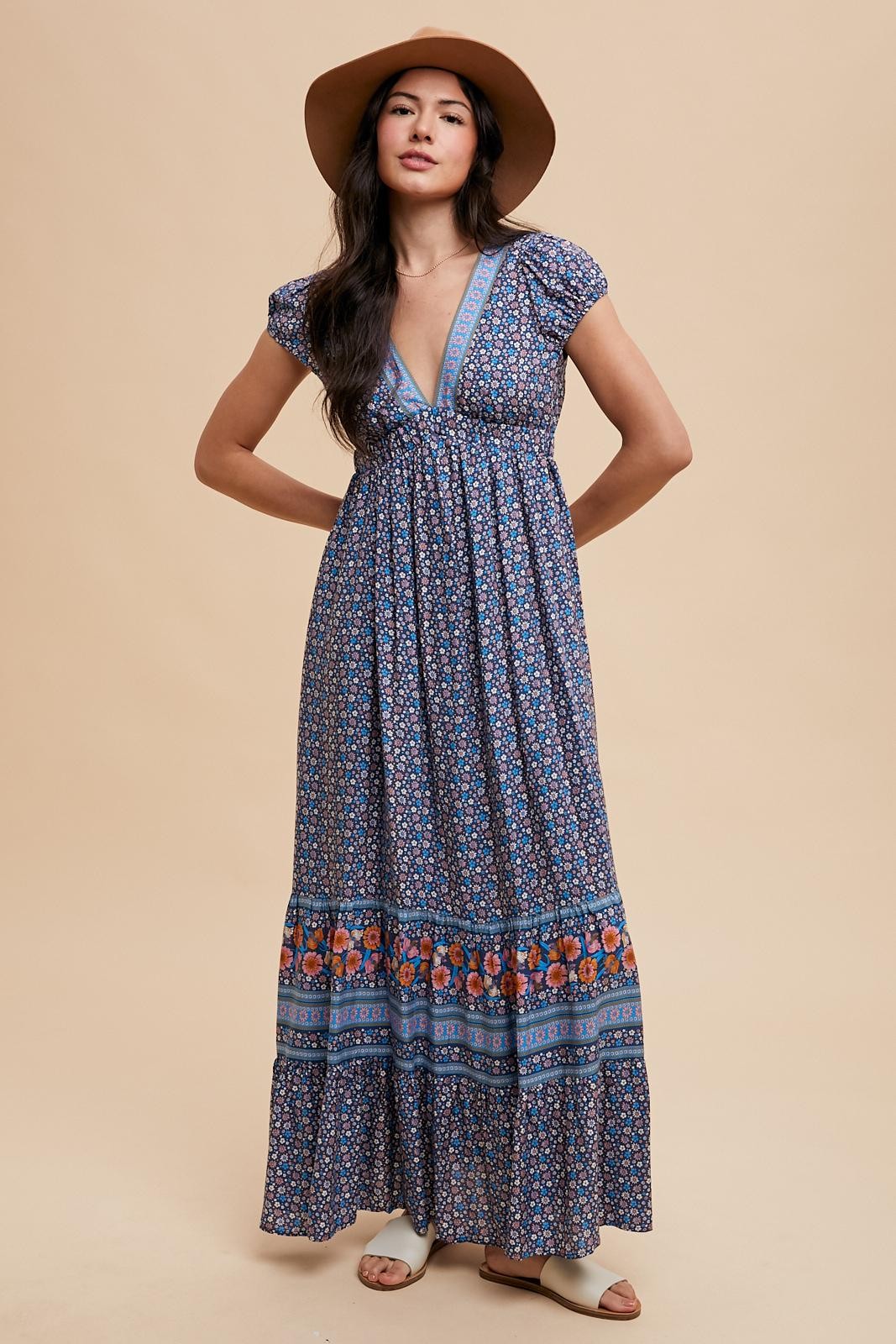 Navy Blue Border Print Ruffle Maternity Maxi Dress