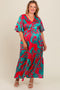 Red Satin Palm Print Button Front Maternity Plus Maxi Dress